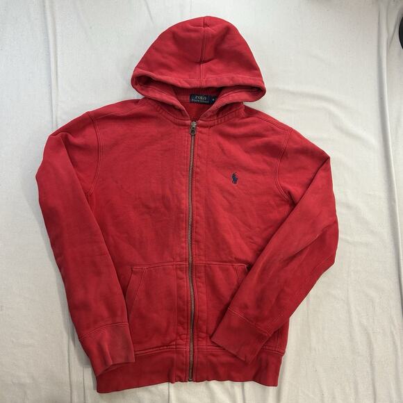 Vintage Polo Ralph Lauren Sweatshirt Hoodie Size Medium Red Full Zip Distress - Picture 1 of 11